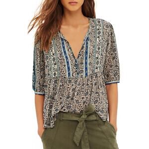 Ba&sh Tobias Blue Floral Tie Front Cropped Peasant Blouse 1 S $258